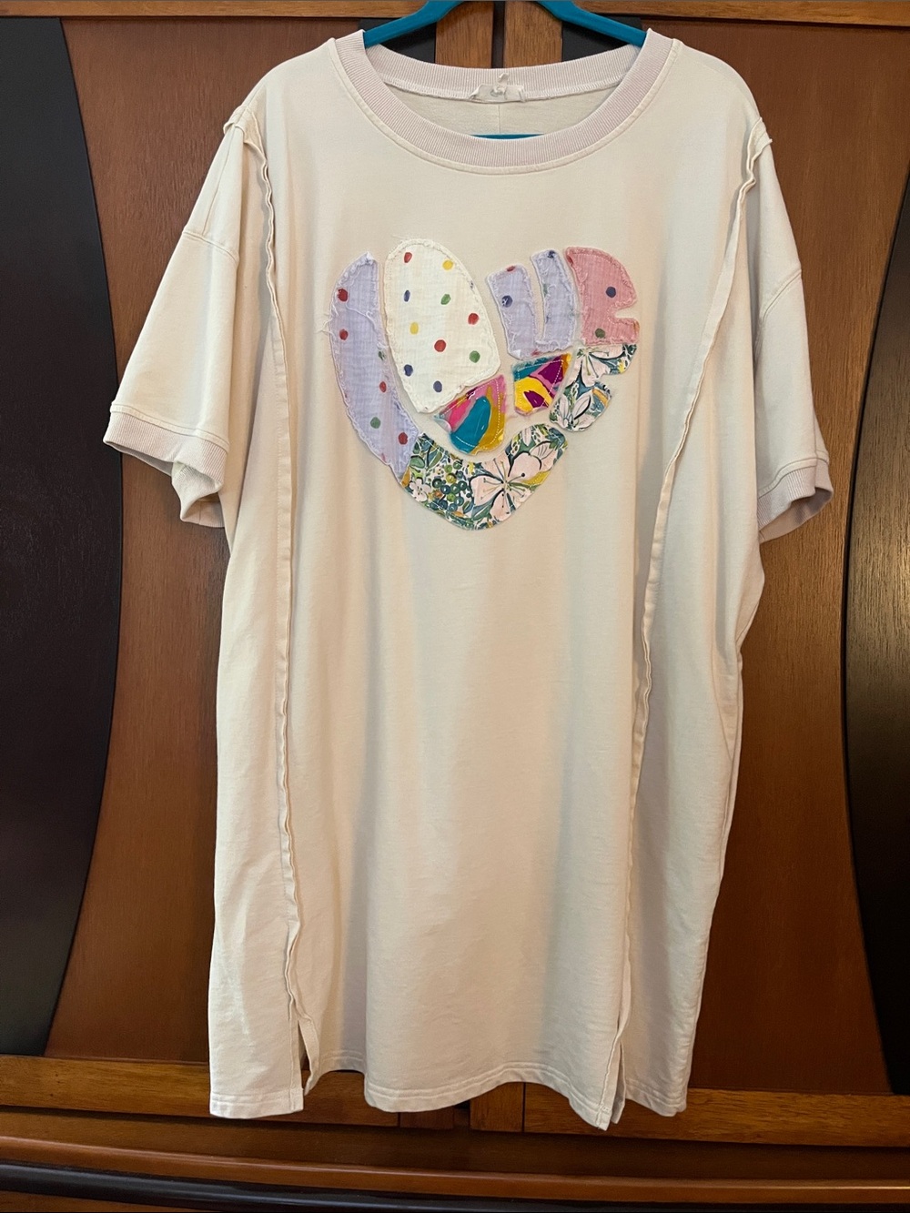 Easel Colorful Patchwork Heart Graphic Short Sleeve Open Seam Dress w/Seaming